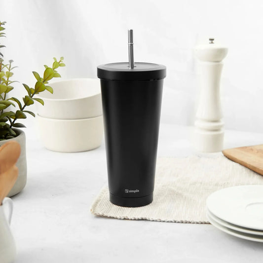 Vaso Térmico Tumbler 750ml con Tapa y Bombilla Negro Simplit