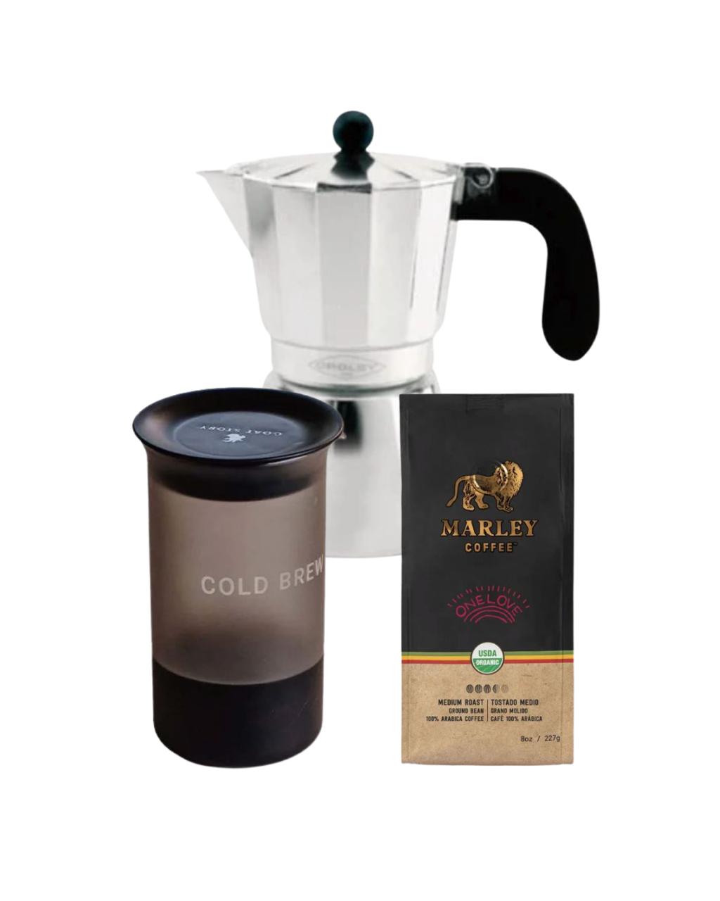 Pack Cafetero - Vaso Cold Brew, cafetera italiana 3 tazas y café Marley Molido